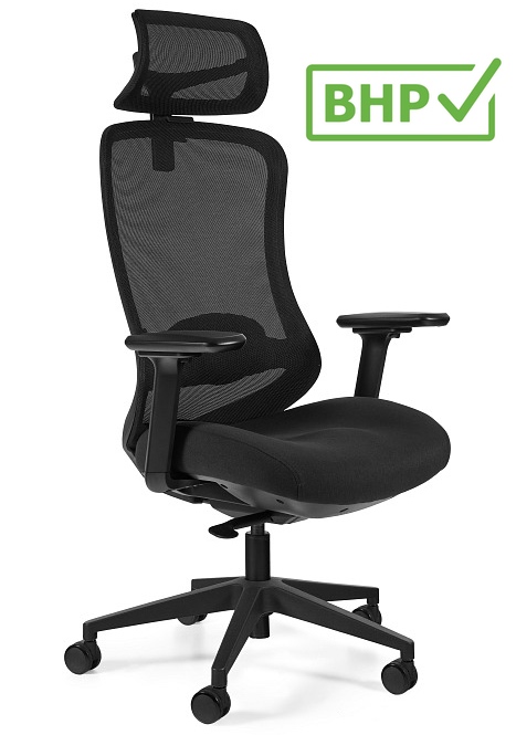 Ergonomiczne krzesło Adapta Black z zagłówkiem, zgodne z normą BHP