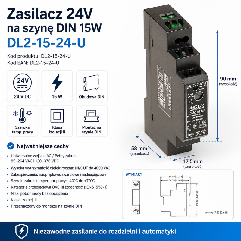 Zasilacz 24V na szynę DIN 15W DL2-15-24-U