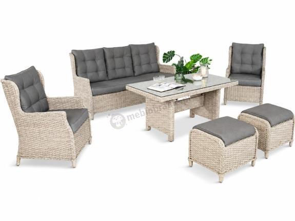 Meble technorattanowe z sofą 178cm, 2 fotelami, 2 pufami i stołem obiadowym Fiorento - Grey