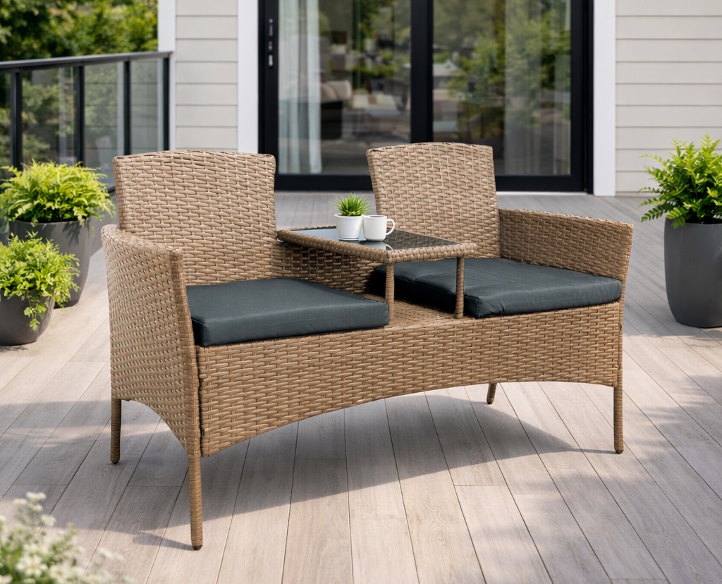 Meble ogrodowe Ratina, dwuosobowa sofa ze stolikiem, kolor naturalny, poduszki szare