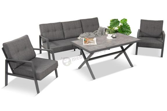 Grafitowy komplet aluminiowych mebli ogrodowych z wysokim stołem, sofą 190cm i fotelami - Elke Dining - Grey