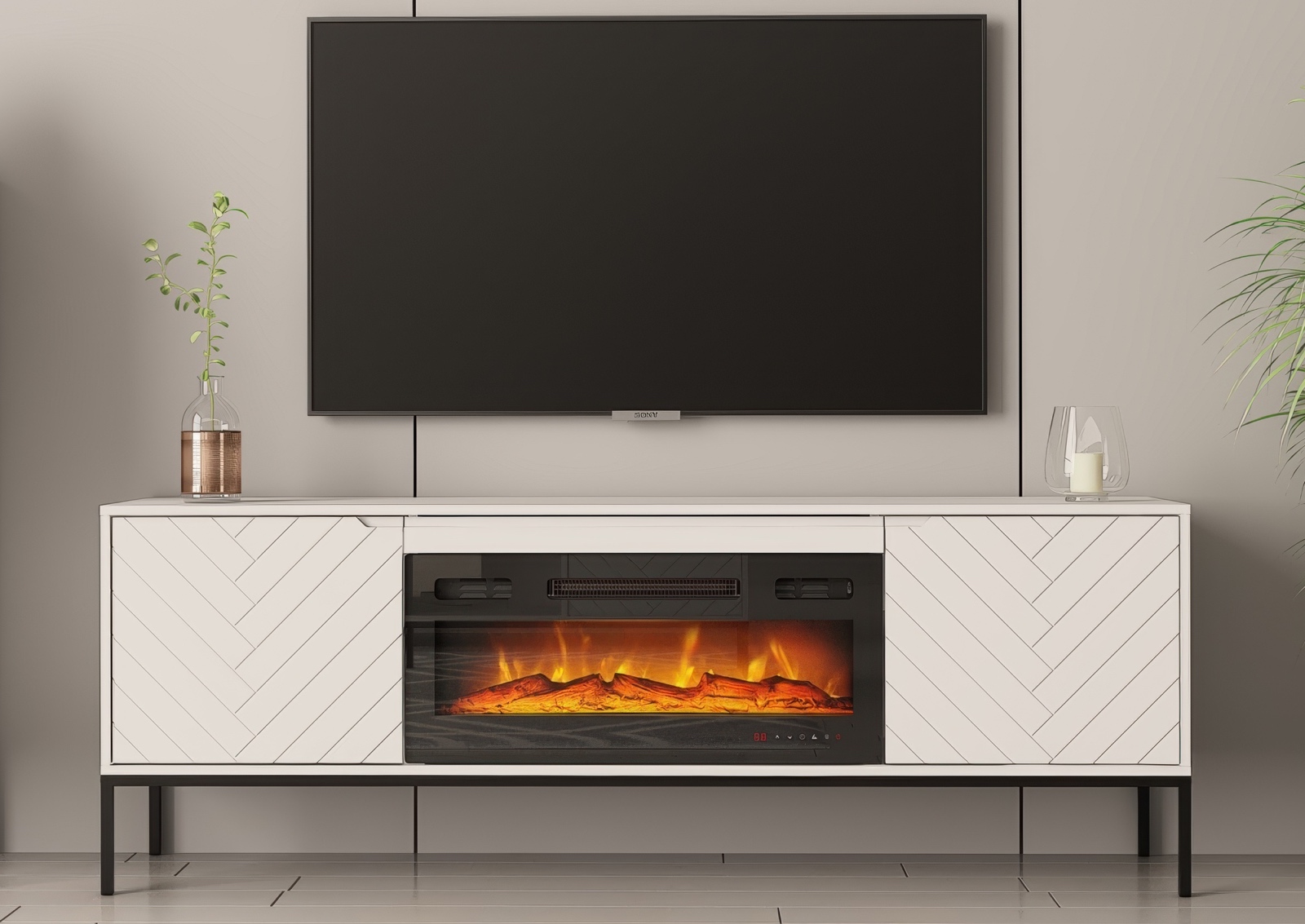Szafka RTV z kominkiem Aspen 02 biały mat/czarny 180 cm