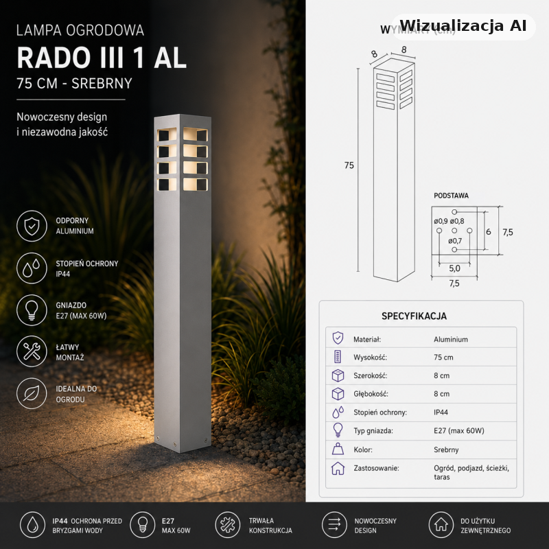 Lampa Ogrodowa Srebrna Rado Iii 1 Al 75 Cm