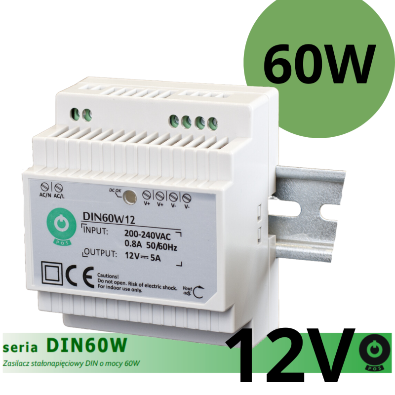 Zasilacz Na Szynę  Din 60W 12V transformator 12v din DIN60W12