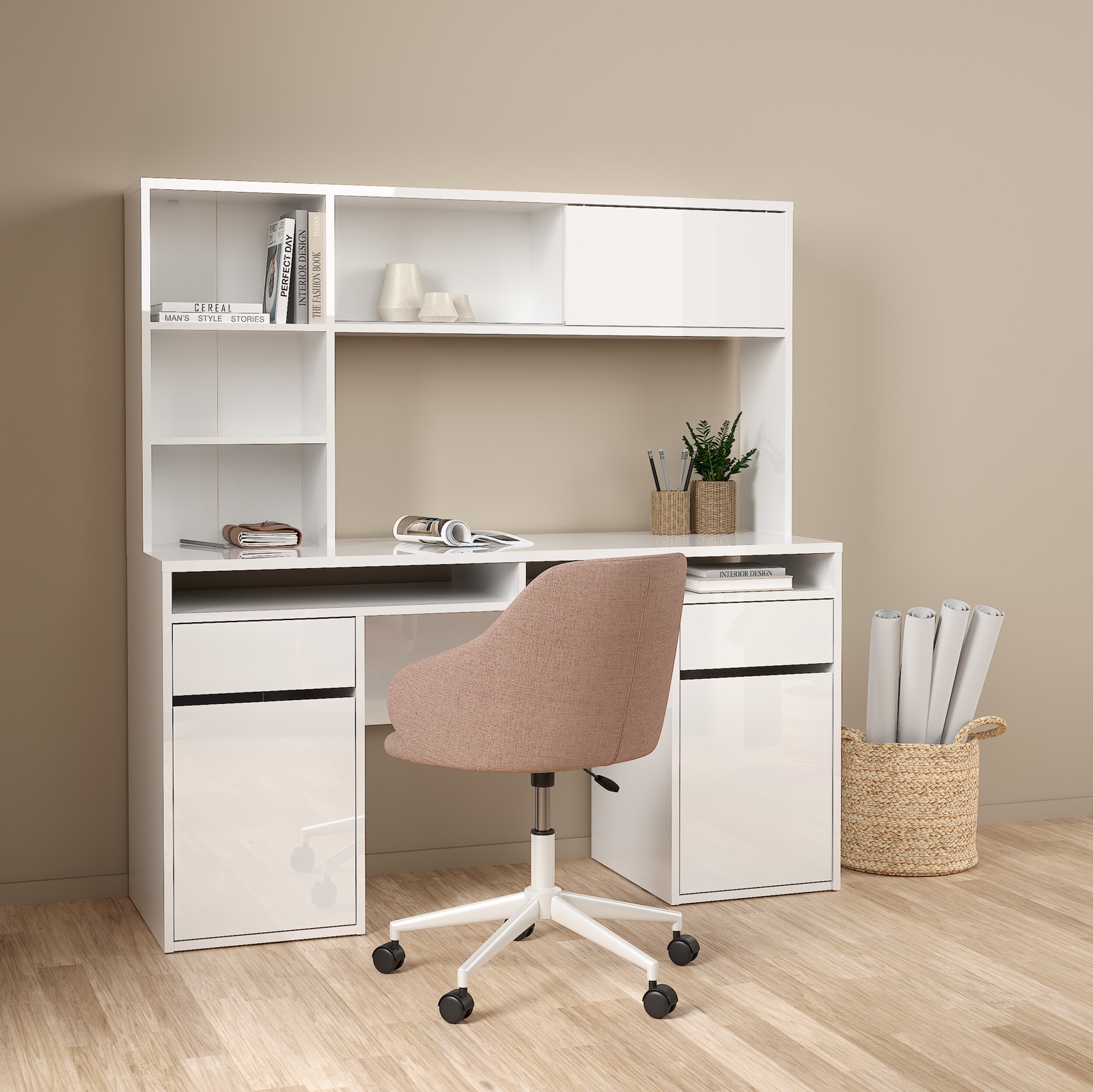 Biurko w połysku z nadstawką Function Plus 149 cm biały