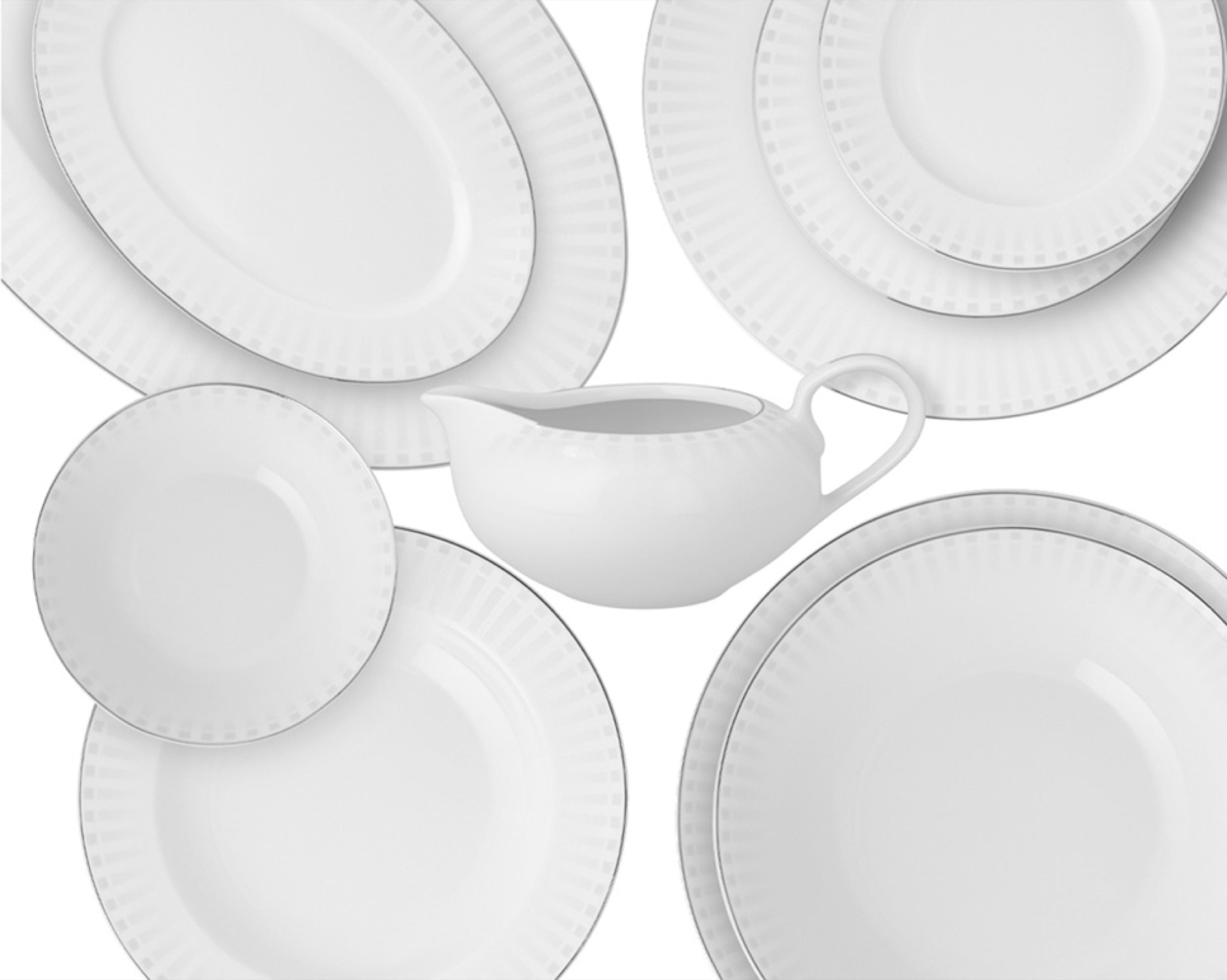 Serwis obiadowy porcelanowy dla 12 os. Yvonne biało-srebrny