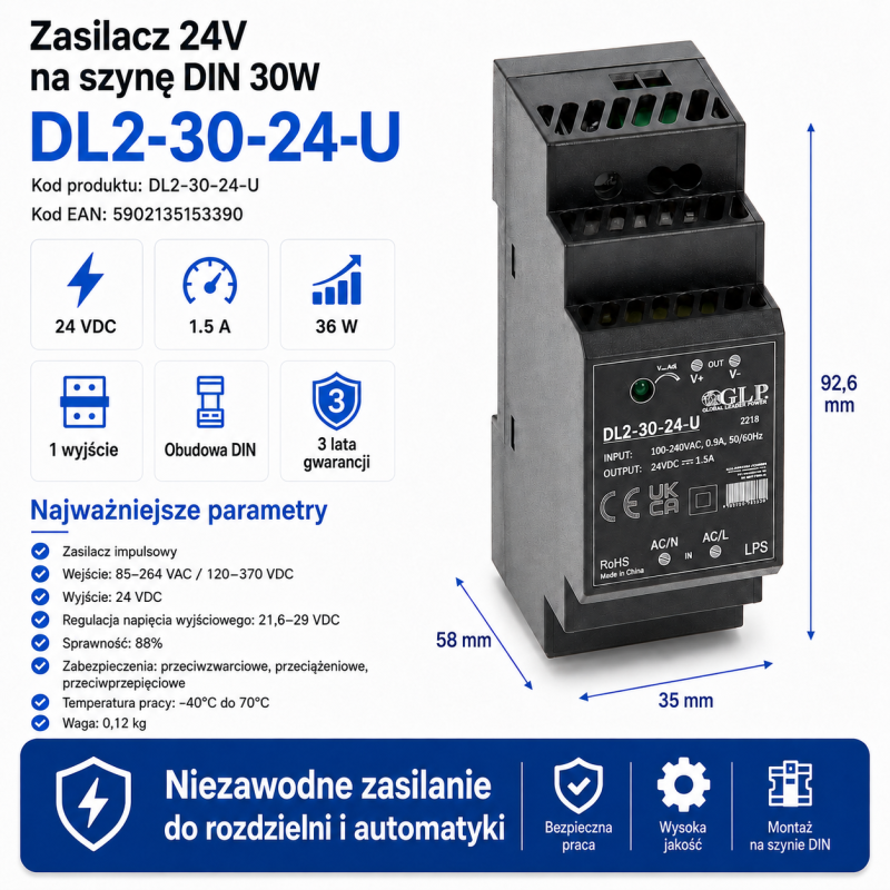Zasilacz na szynę din 24V o mocy 30W DL2-30-24-U
