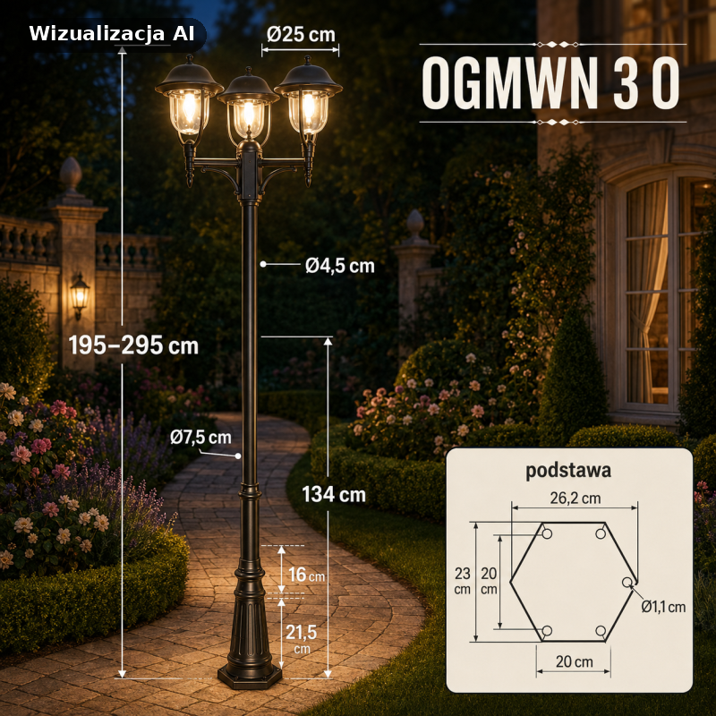 Oprawa Parkowa stojąca 195-295 cm na trzy żarówki