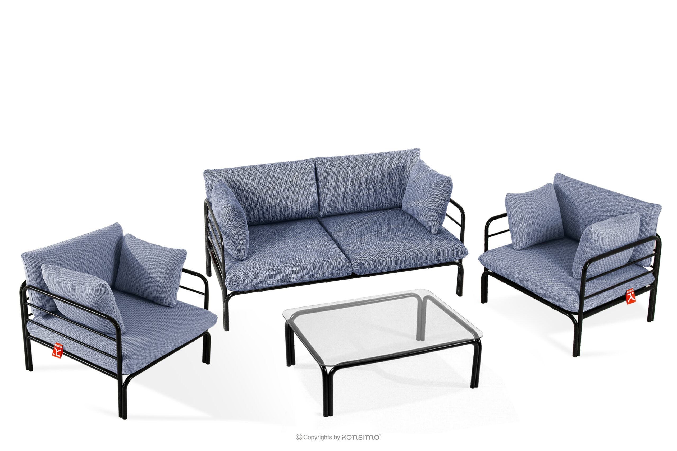 Zestaw mebli ogrodowych 2x fotel, sofa dwuosobowa, stolik antracytowy/granatowy/biały RAMBE - kolor antracytowy/granatowy/biały - KONSIMO. internetowy sklep meblowy online - salony Poznań, Leszno