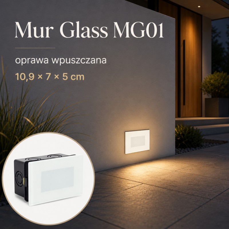 Lampa do zabudowy Mur Glass MG01 biała oprawa elewacyjna 7x10,9x5cm