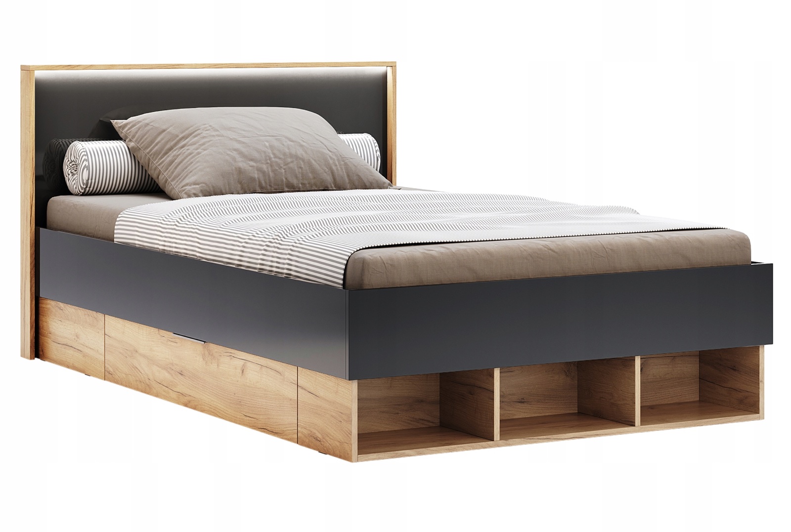 Łóżko 140x200 z szufladami i oświetleniem LED Luna 134, dąb craft/matt lava połysk