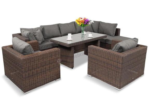 Brązowy narożnik technorattan ze stołem obiadowym Ligurito VIII PLUS Brown Elite & Grey + 2 fotele