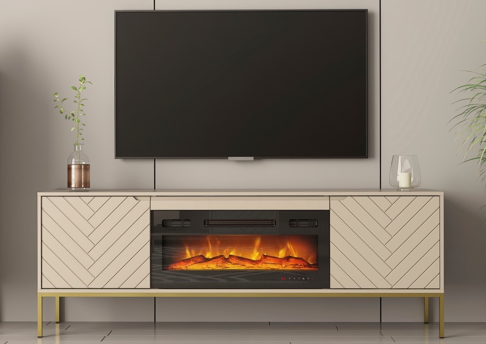 Szafka RTV z kominkiem Aspen 02 cashmere/złoty 180 cm