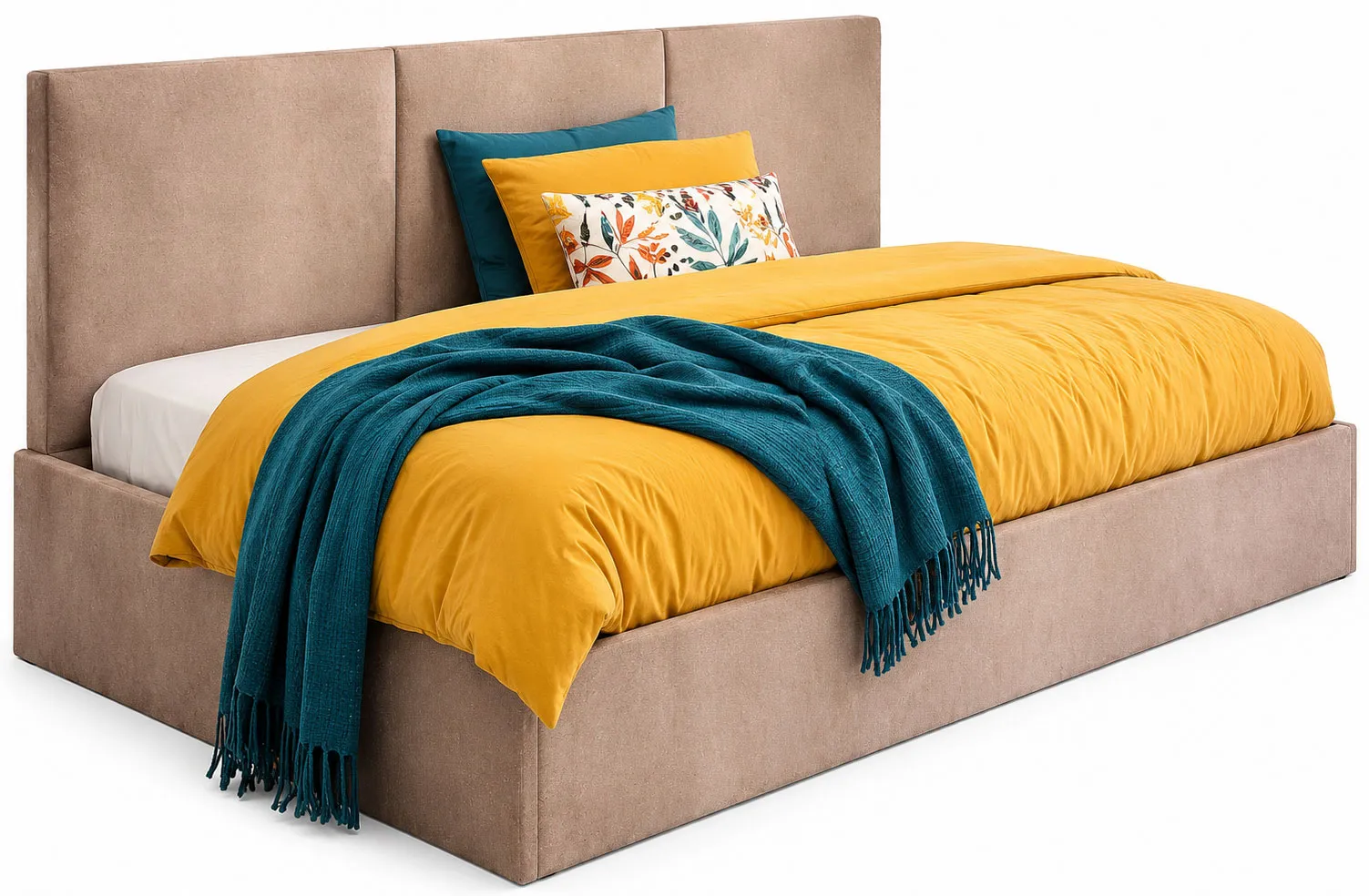 Beżowe welwetowe łóżko sofa z pojemnikiem Huzox 4X | Edinos.pl