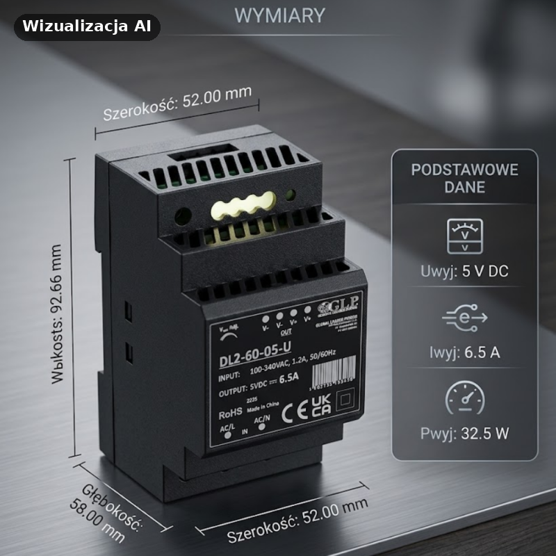 Zasilacz na szynę din 5V moc 60W GLP DL2-60-05-U