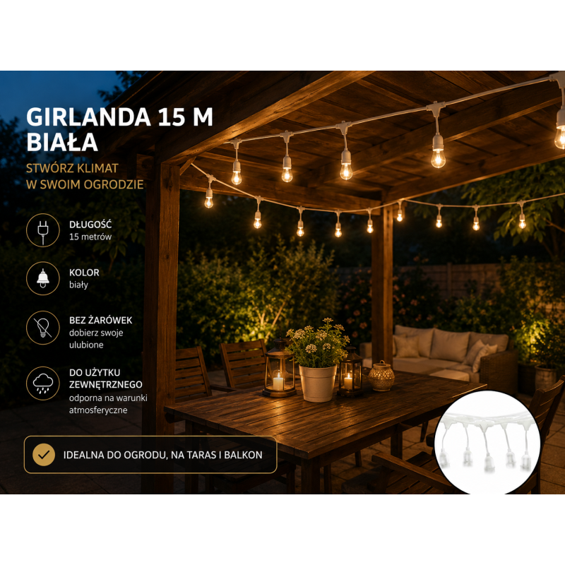 Girlanda 15 Metrów Biała (Bez Żarówek)