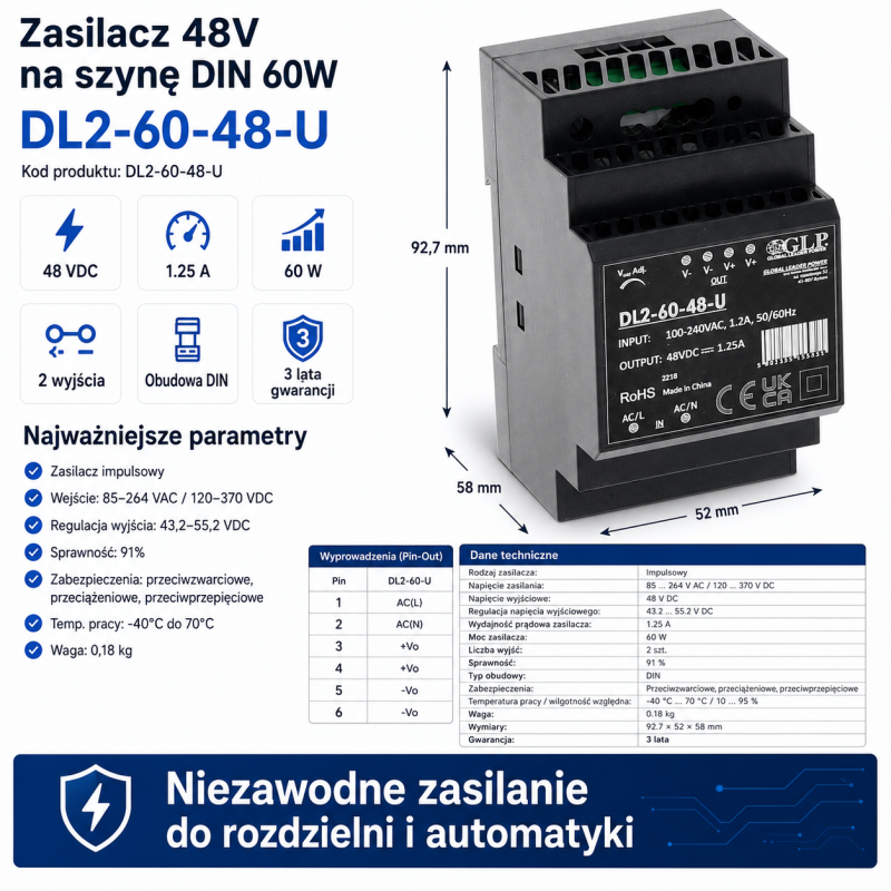 Zasilacz na szynę DIn 48V 60WDL2-60-48-U