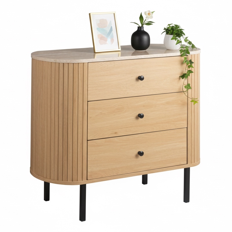 Owalna komoda z szufladami ryflowana Fabia 80 cm, dąb/trawertyn