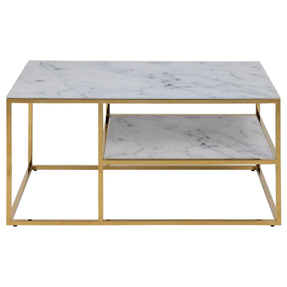 Stolik szklany Perqy z półką 60x90 cm biały ze złotą ramą