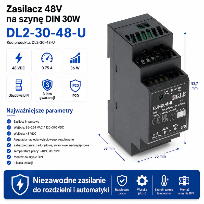 Zasilacz na szynę DIN 48V 30W DL2-30-48-U