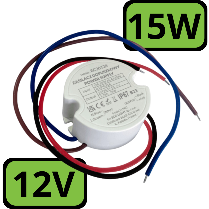 Zasilacz Do Puszki Fi60 1,25A 15W 12V Ip67 EC20124