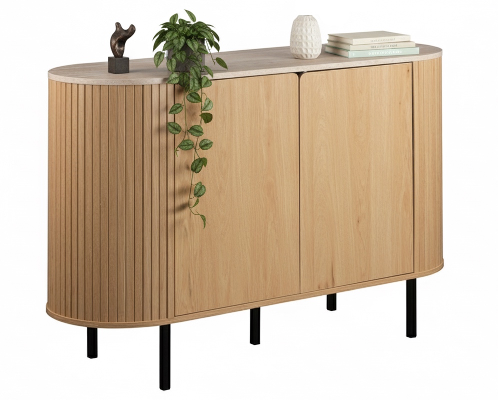 Owalna komoda do salonu ryflowana Fabia 120 cm, dąb/trawertyn