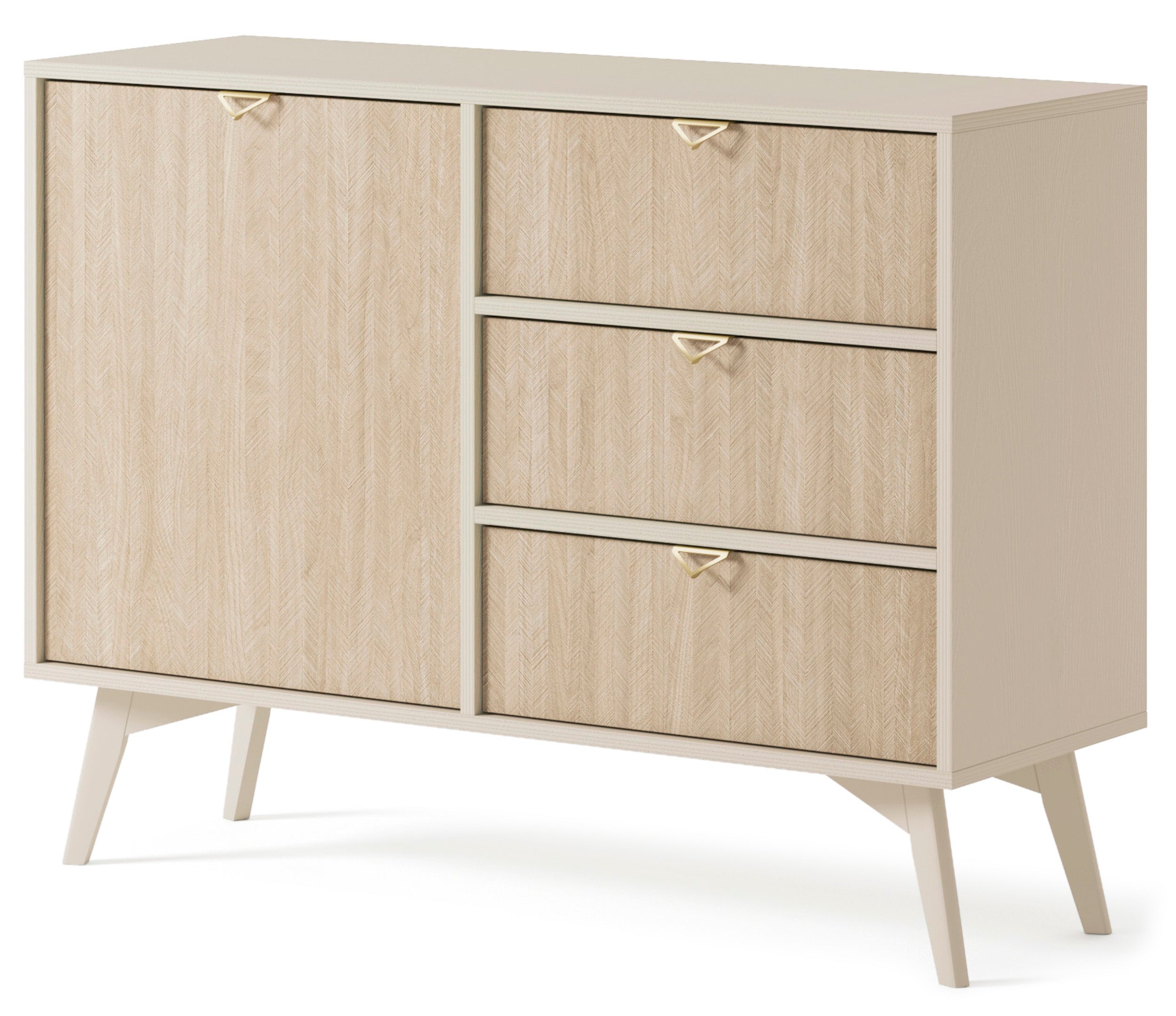 Komoda Favoria jednodrzwiowa z szufladami 106 cm beżowa/jodełka scandi ze złotymi uchwytami