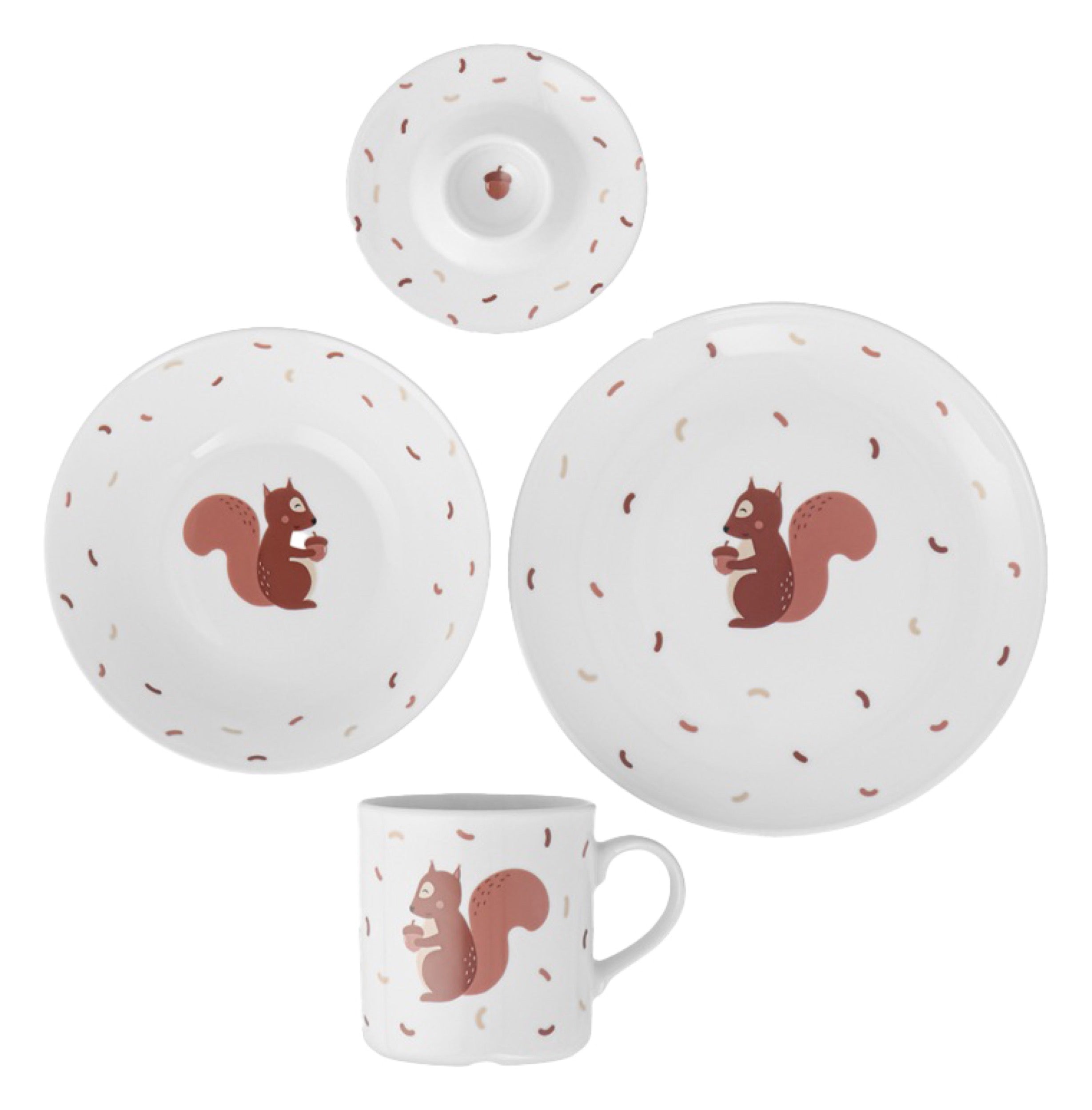 Zestaw dziecięcy porcelanowy dla 1 os. Wiewiórka biało-brązowy