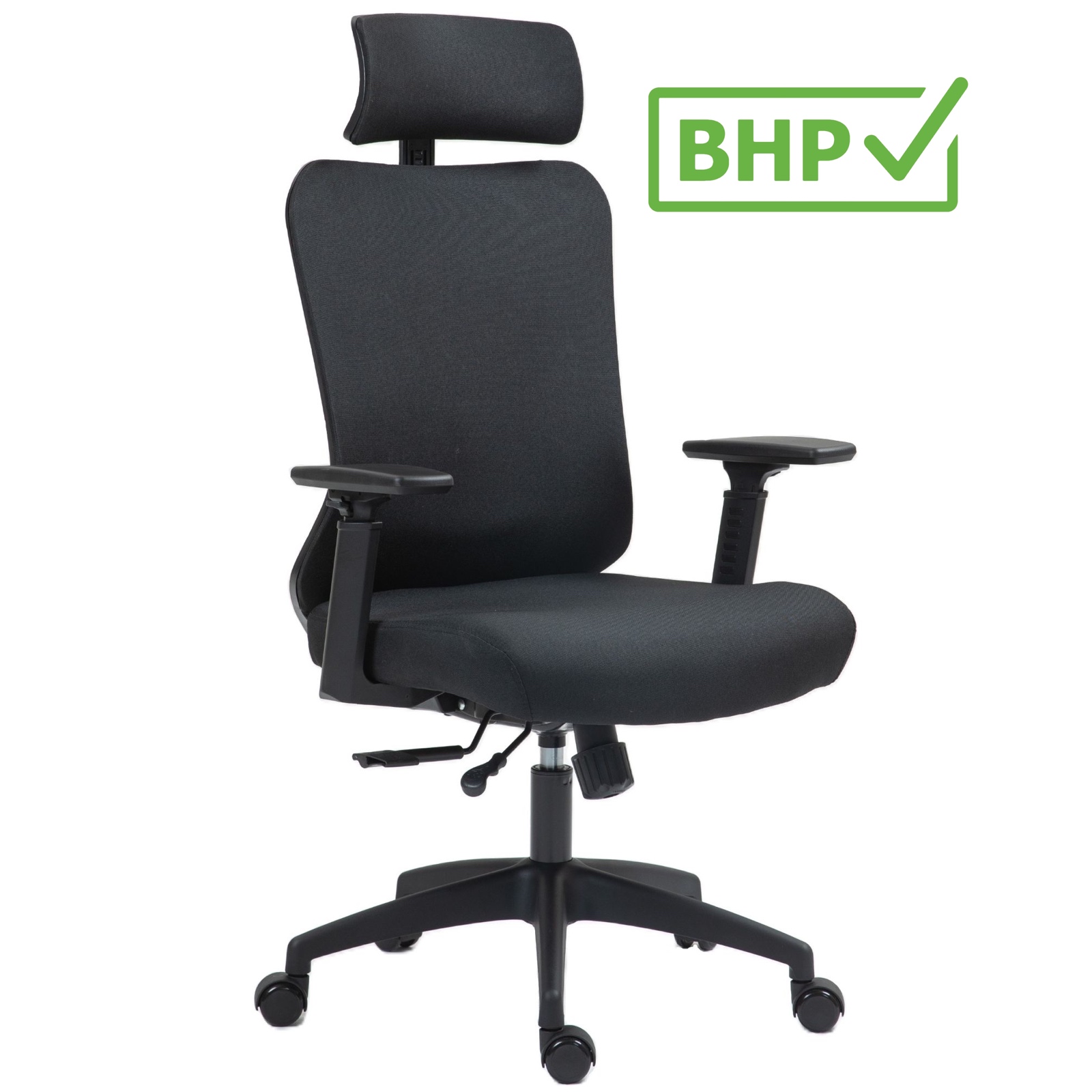 Krzesło biurowe materiałowe z zagłówkiem Ergobit, zgodne z normą BHP