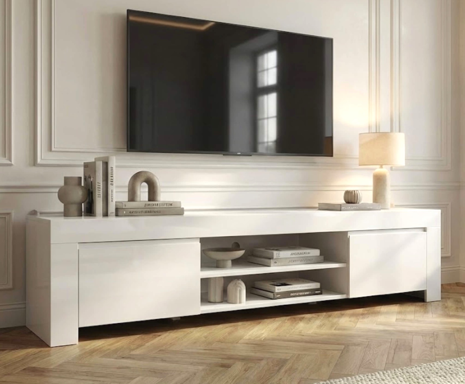 Biała szafka RTV Amaretto 190 cm, w wysokim połysku
