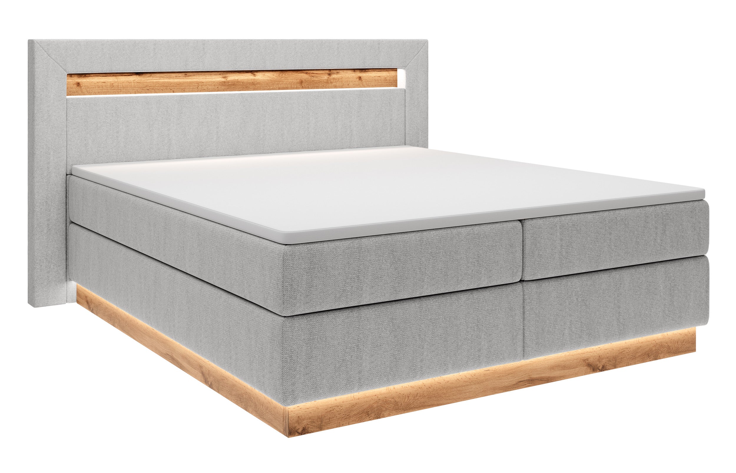 Łóżko kontynentalne Oski 140x200 cm z topperem i oświetleniem jasnoszary welur