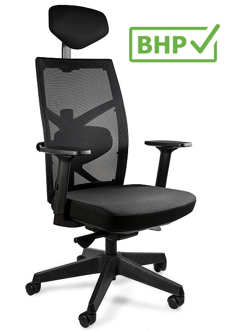 Ergonomiczny fotel biurowy Tune czarny/siatka czarna AK61, zgodny z normą BHP