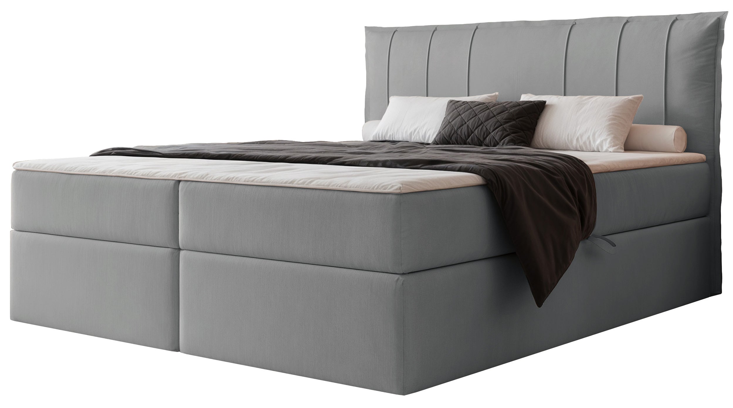 Łóżko kontynentalne 180x200 cm Moly z materacem bonellowym i topperem szare welur hydrofobowy