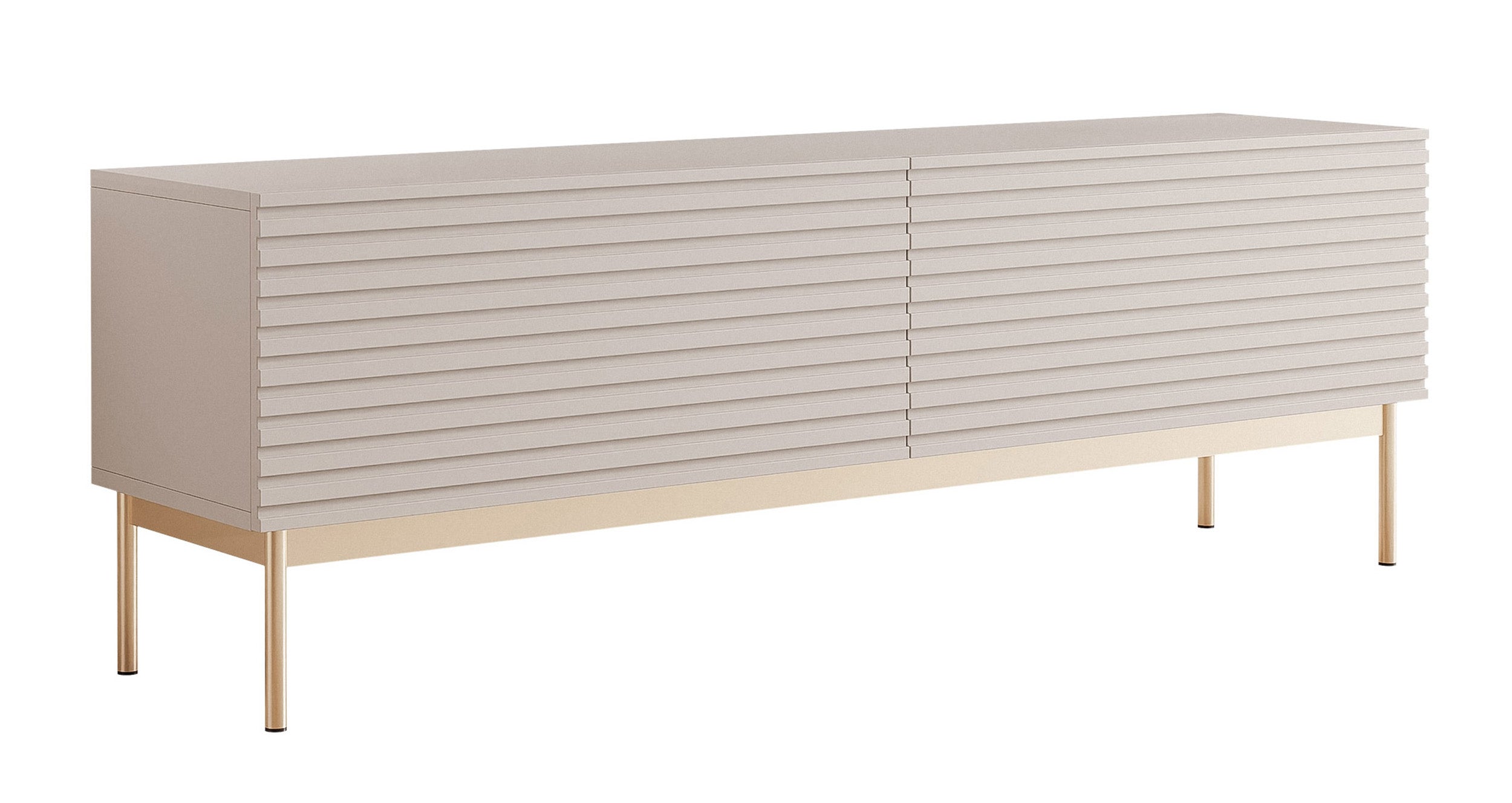 Szafka RTV Linearis z dwoma uchylnymi schowkami i oświetleniem LED 139 cm kaszmir na złotych nóżkach