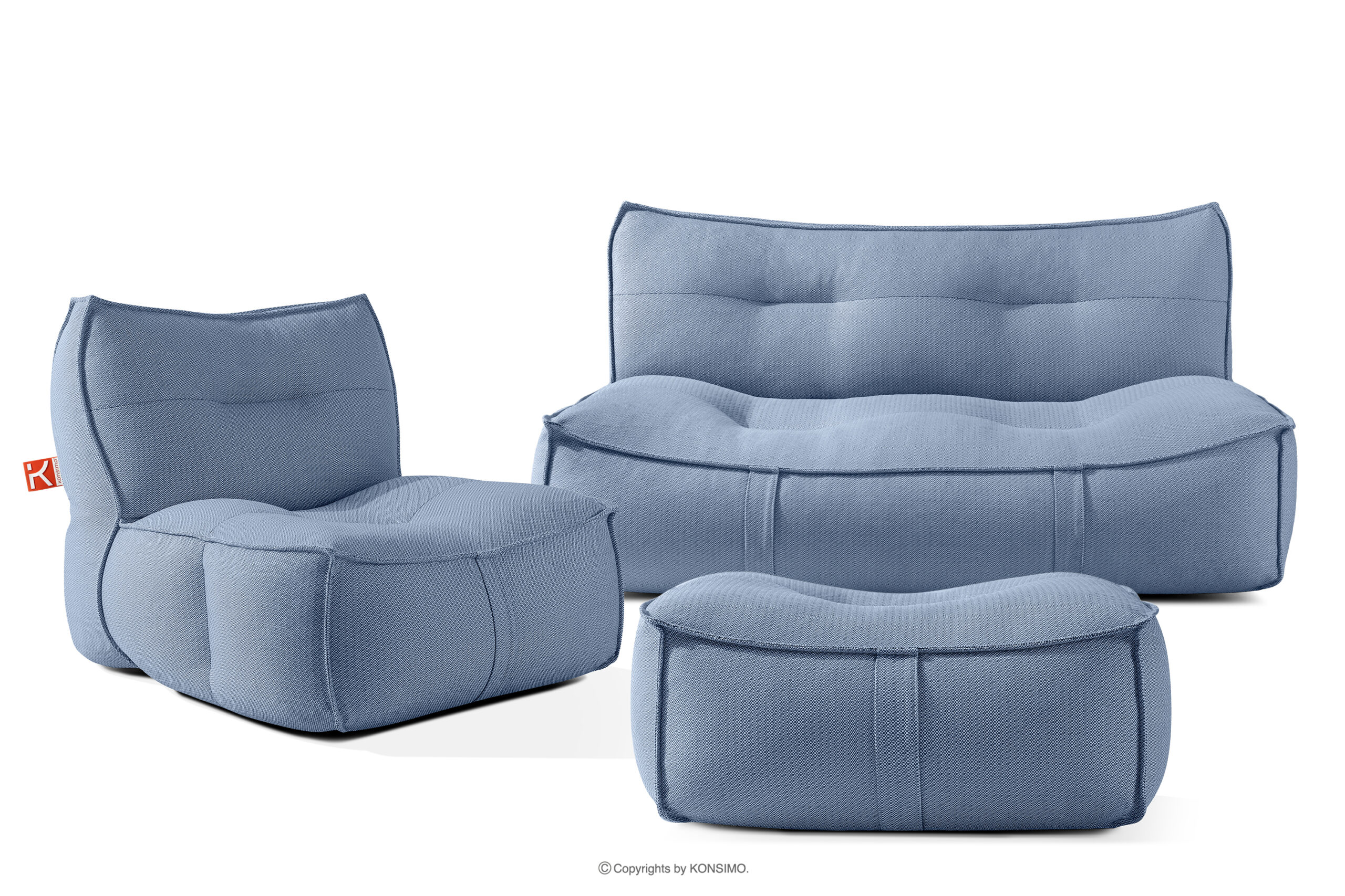 Komplet mebli ogrodowych sofa fotel puf w tkaninie plecionej outdoorowej granatowy/biały LOVIA - kolor granatowy/biały - KONSIMO. internetowy sklep meblowy online - salony Poznań, Leszno