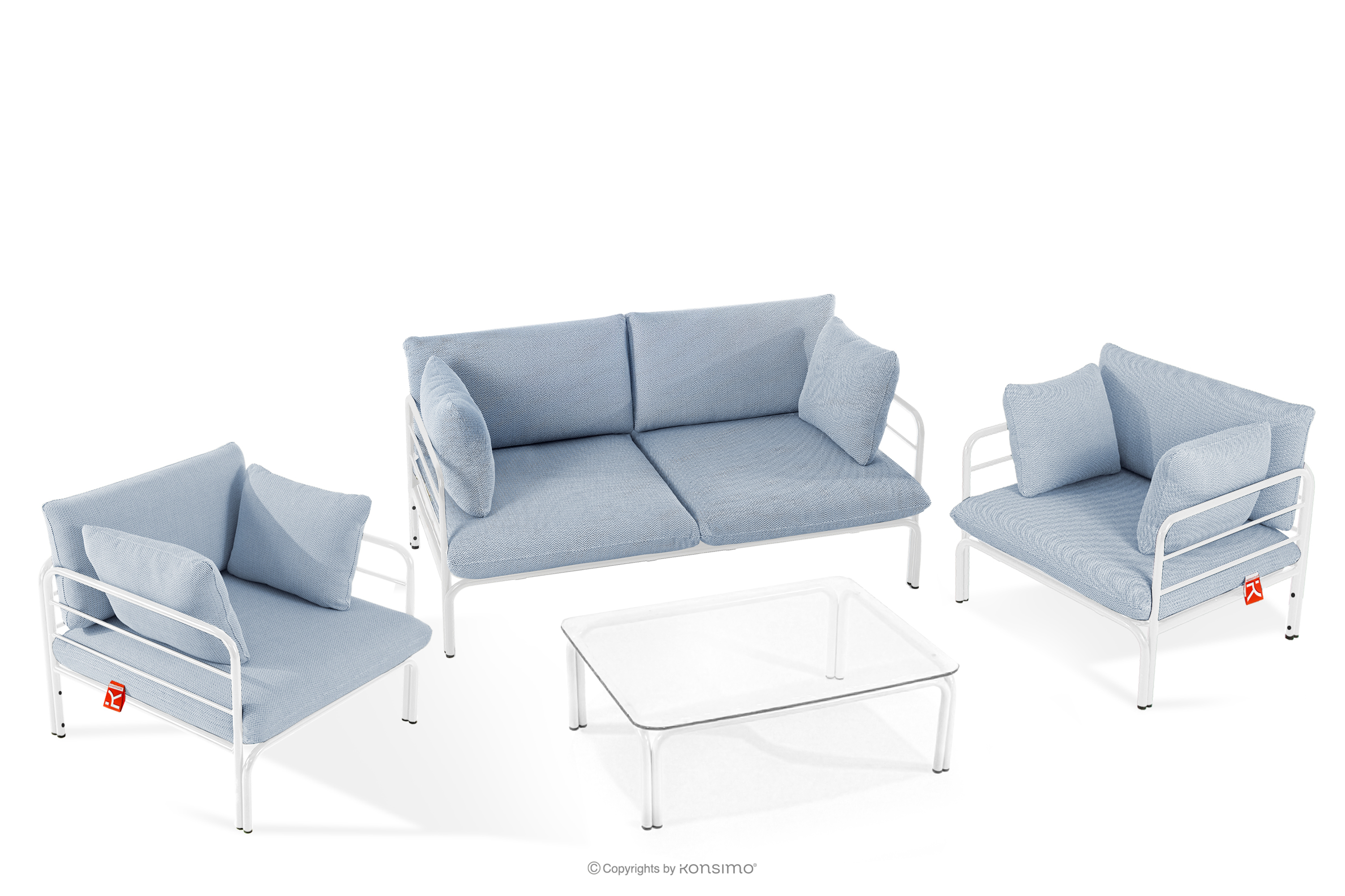 Zestaw mebli ogrodowych 2x fotel, sofa dwuosobowa, stolik biały/błękitny/biały RAMBE - kolor biały/błękitny/biały - KONSIMO. internetowy sklep meblowy online - salony Poznań, Leszno