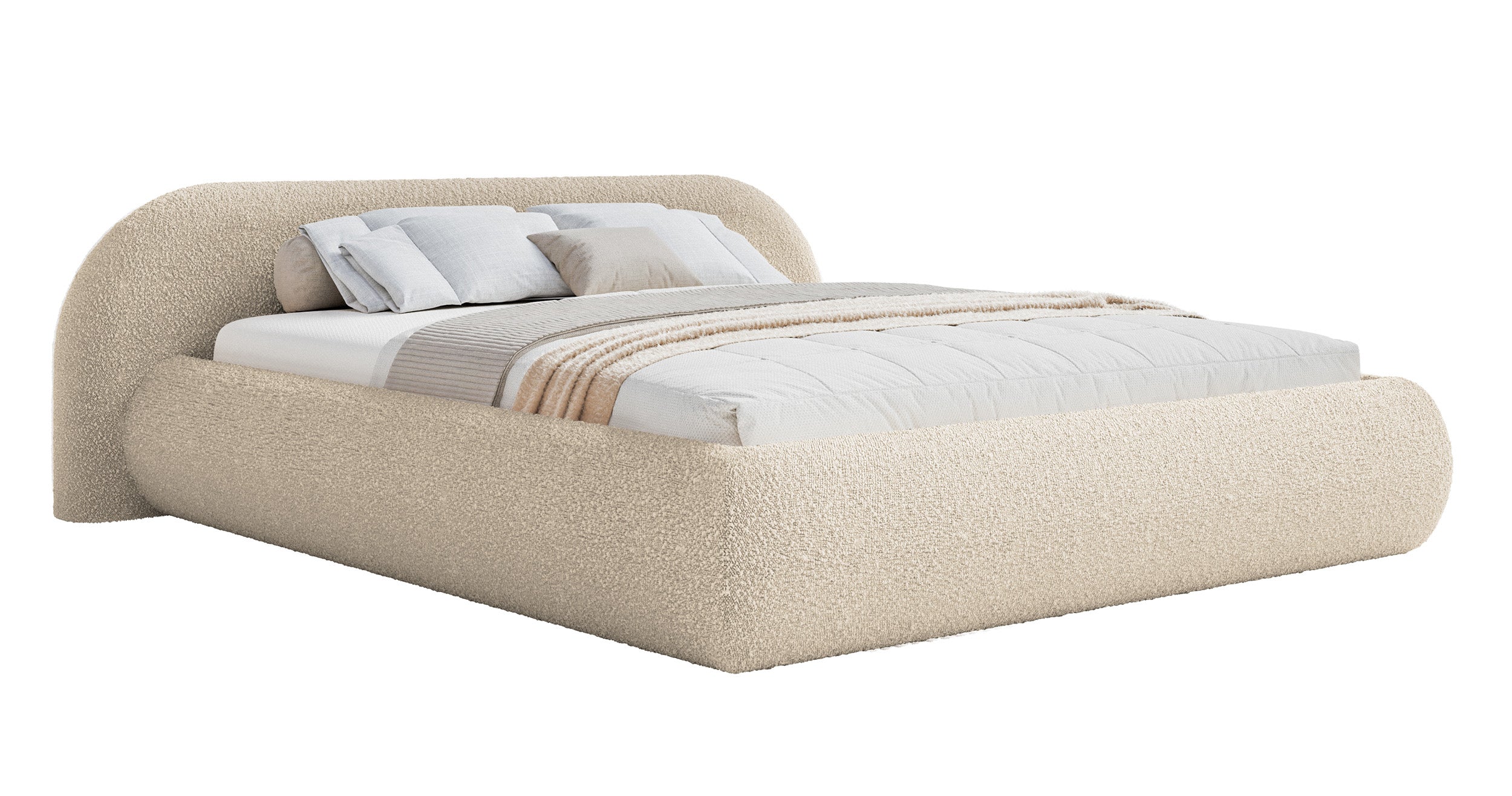 Łóżko tapicerowane 140x200 cm Shels Low z pojemnikiem stelaż metalowy jasnobeżowe boucle
