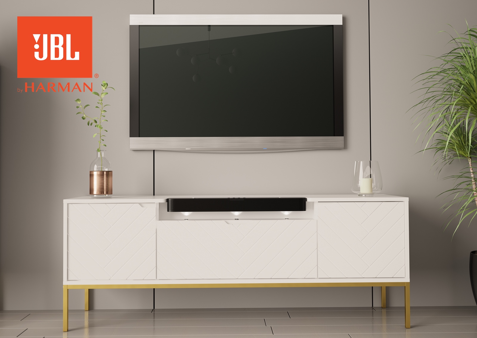Szafka RTV z głośnikiem JBL i oświetleniem Aspen 06 biały mat/złoty