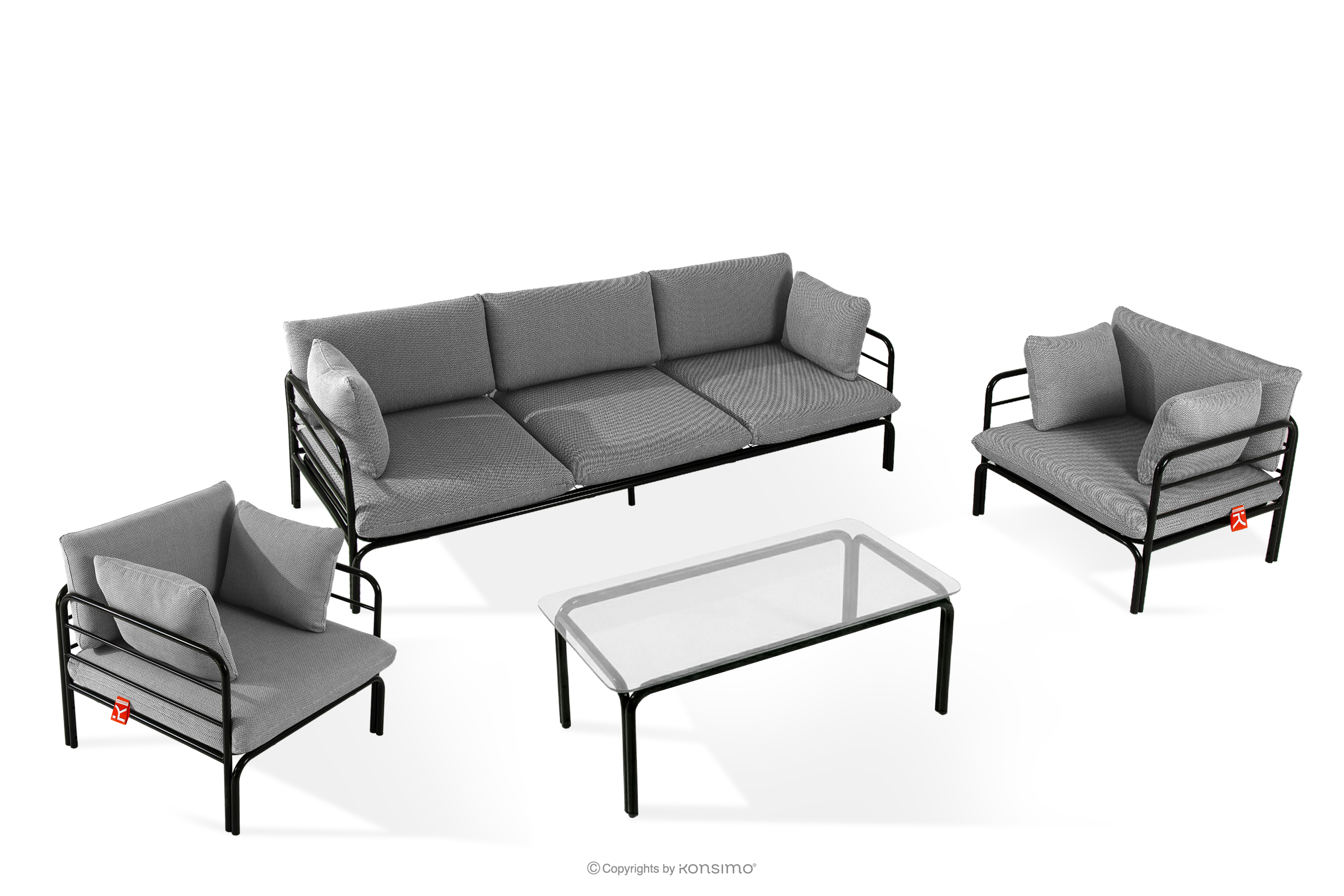 Zestaw mebli ogrodowych 2x fotel, sofa trzyosobowa, stolik antracytowy/czarny/biały RAMBE - kolor antracytowy/czarny/biały - KONSIMO. internetowy sklep meblowy online - salony Poznań, Leszno