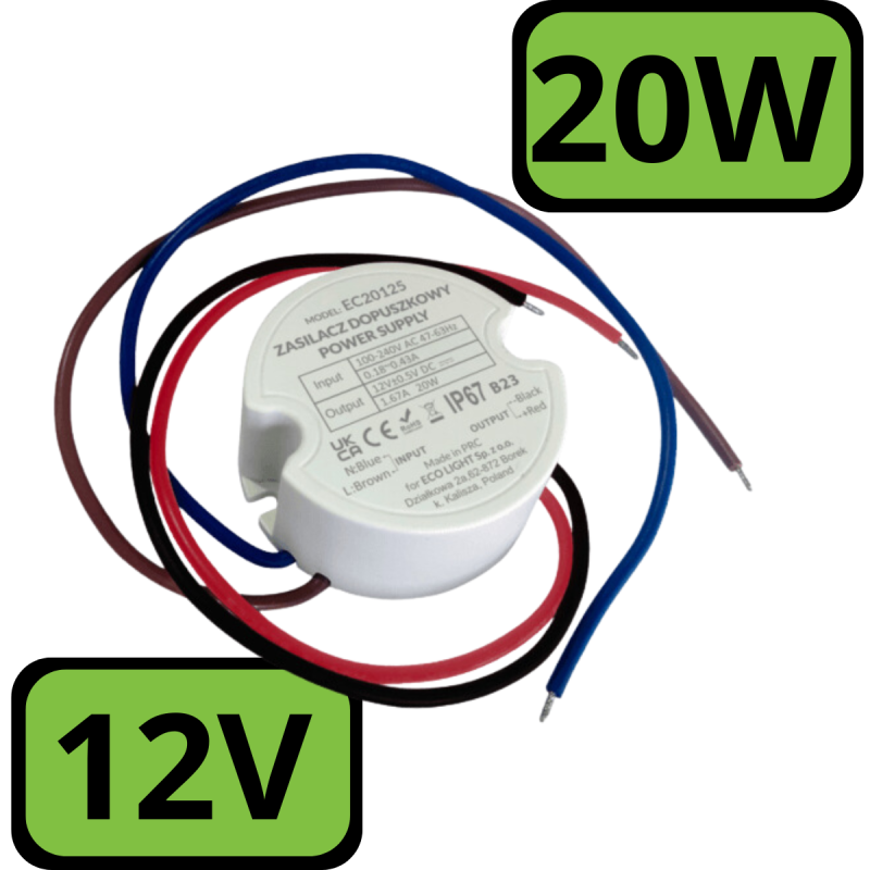 Zasilacz do montażu w Puszkę Fi60 1,67A 20W 12V Ip67 EC20125