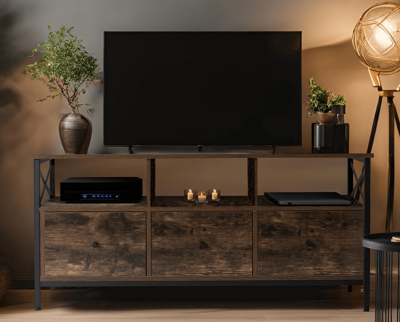 Szafka RTV loft Zone 120 cm, z szufladami i półkami, dąb rustykalny