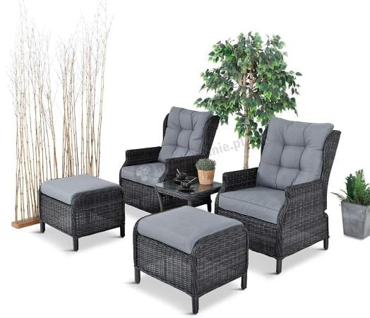 Dwa regulowane fotele z podnóżkami i stolikiem technorattan Laritto Duo - Antracite