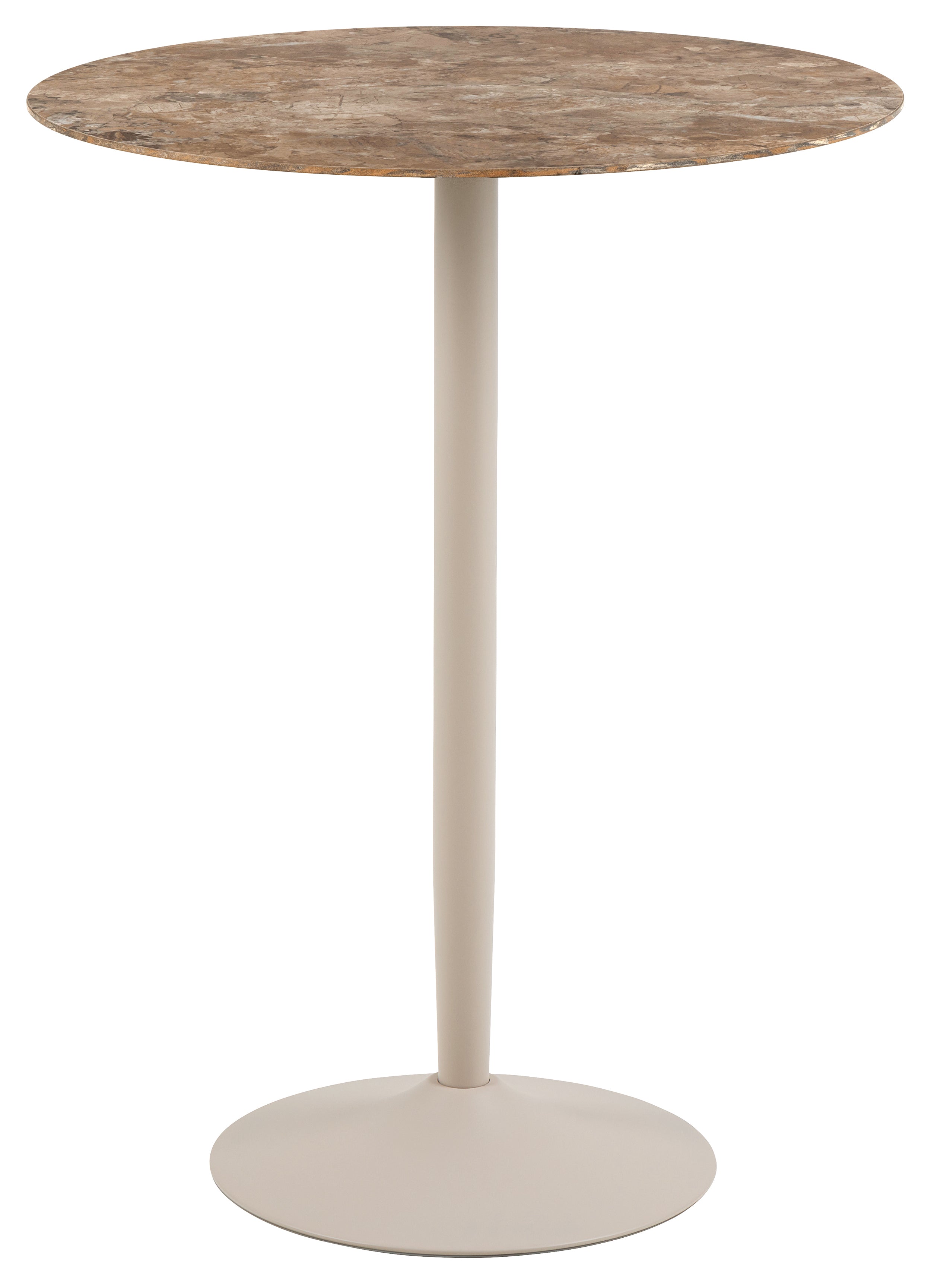 Stolik barowy Roshly średnica 80 cm trawertyn ceramiczny blat z metalową podstawą