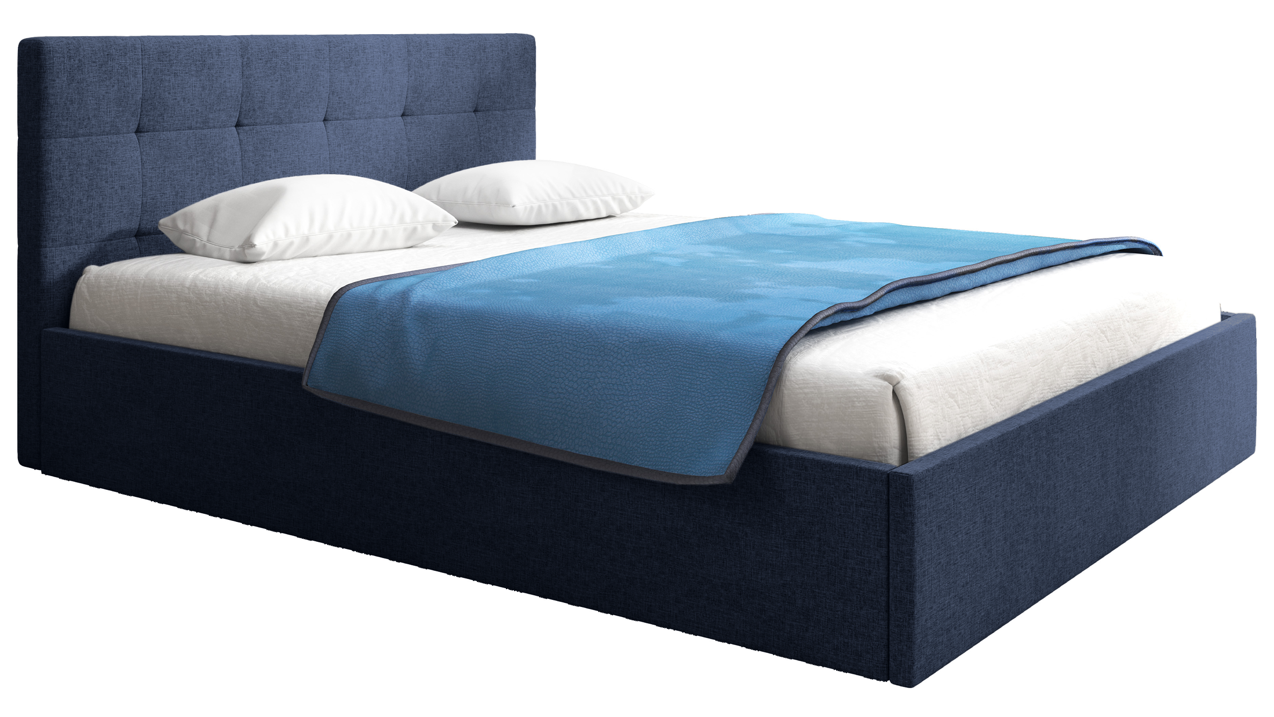 Łóżko tapicerowane 140x200 cm Laureno z pojemnikiem na pościel granatowe plecionka stelaż metalowy
