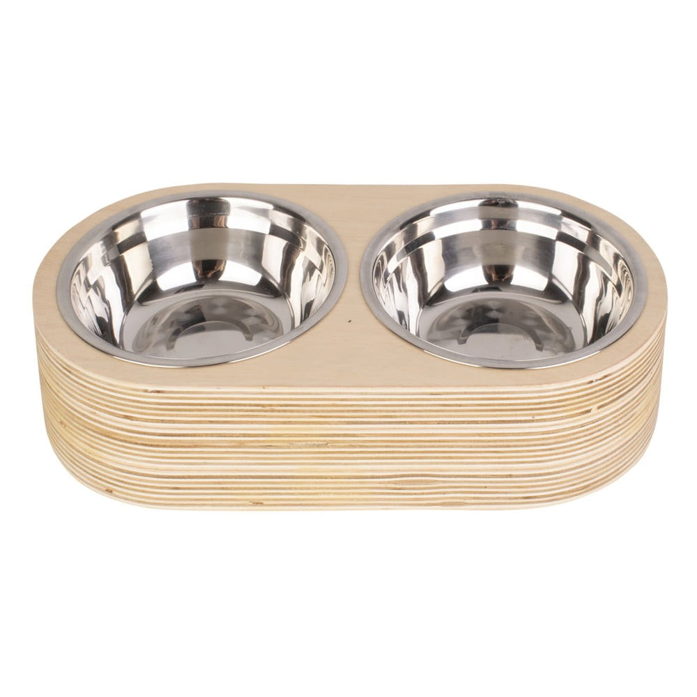 Zestaw 2 metalowych misek i jasnej drewnianej podstawki PT LIVING Pet, szer. 18 cm