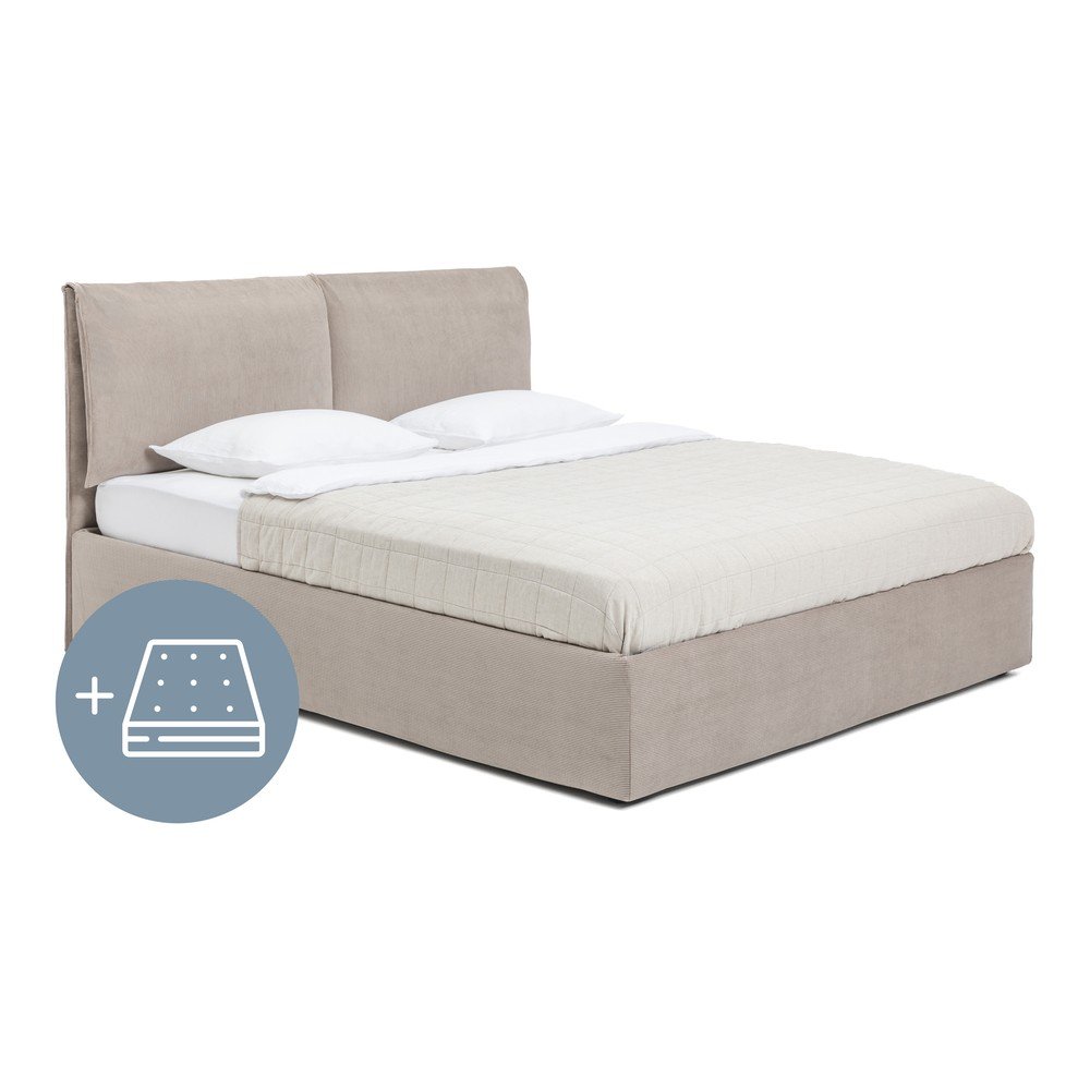 Szarobrązowe tapicerowane łóżko dwuosobowe ze schowkiem z materacem i stelażem 180x200 cm Thessa Pillow – Bonami Selection