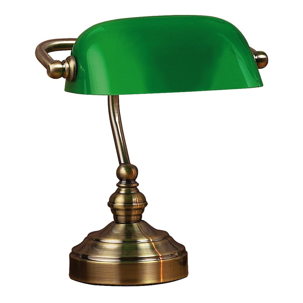 Zielona lampa stołowa z podstawą w kolorze mosiądzu Markslöjd Bankers, wys. 25 cm