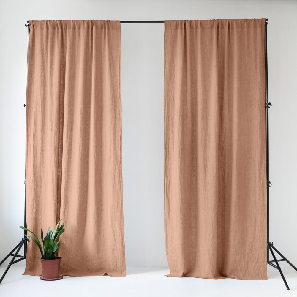 Różowa/brązowa lniana zasłona 140x300 cm Cafe Creme – Linen Tales