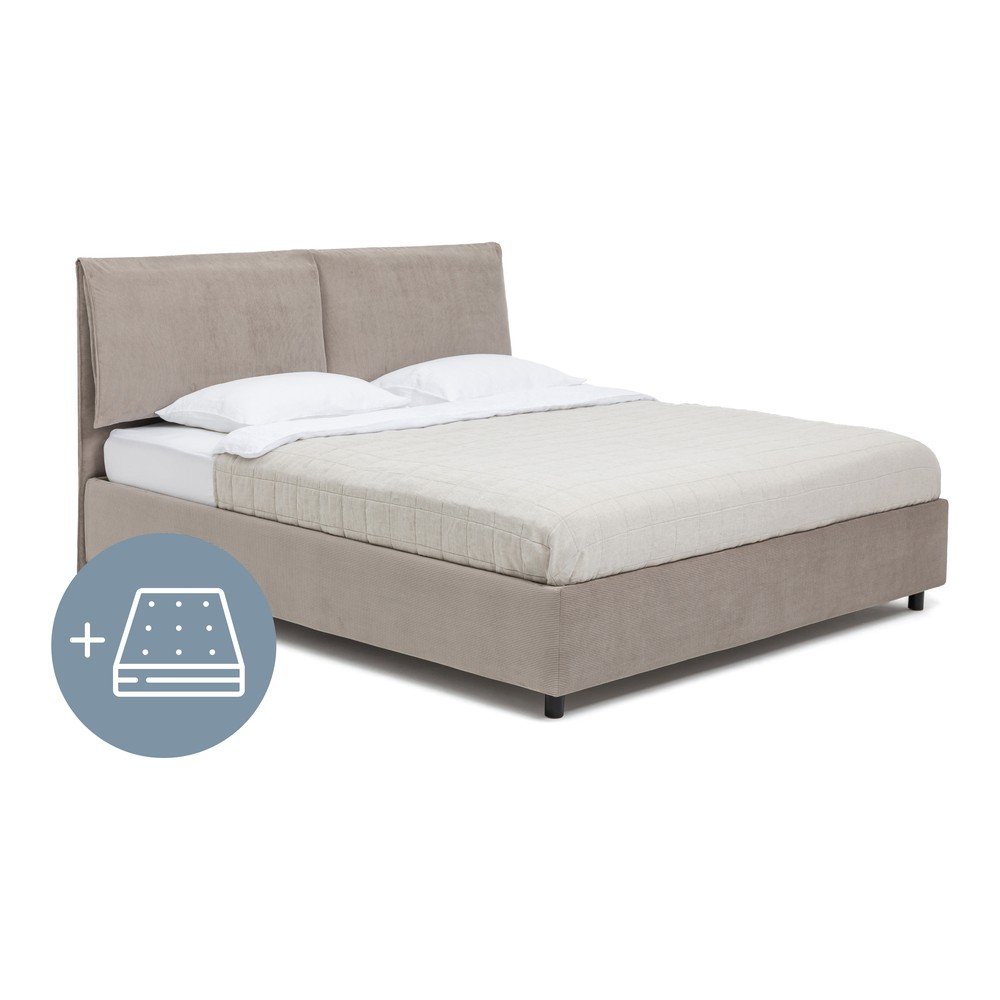 Szarobrązowe tapicerowane łóżko dwuosobowe ze schowkiem z materacem i stelażem 180x200 cm Myra Pillow – Bonami Selection