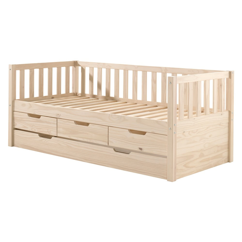Łóżko dziecięce z litego drewna sosnowego z wysuwanym łóżkiem, schowkiem i stelażem 90x200 cm w Fritz – Vipack